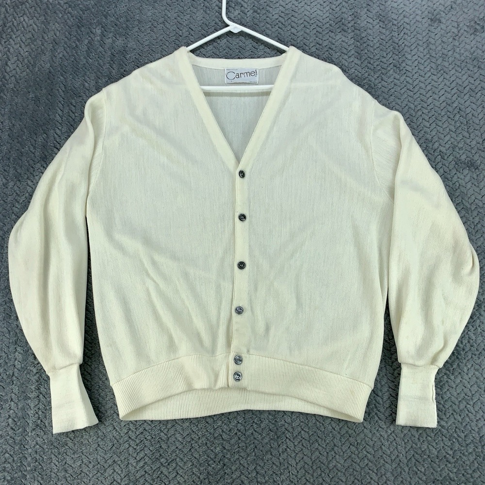Vintage Carmel Cardigan Men's Size Large Ivory White Acrylic Made In USA